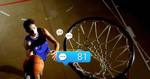 Dynamic Basketball Player Shooting Ball with Digital Speech Icons