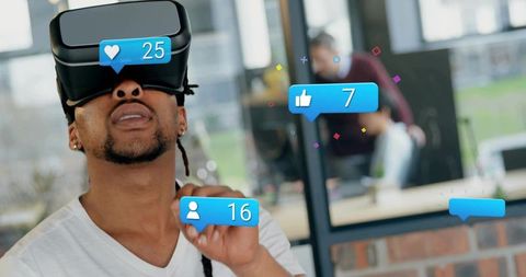 Interacting with VR headset in modern coworking space displaying social media UI overlays