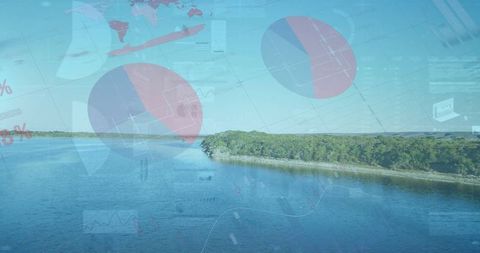 Futuristic Data Visualization Over Serene Waters and Verdant Shoreline