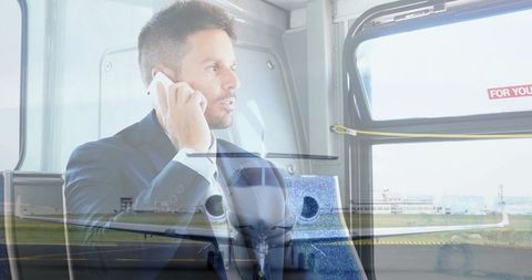 Businessman Communicating Amid Travelling Reflected with Airplane Overlay