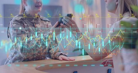 Soldier in uniform engaging with receptionist and digital data visuals