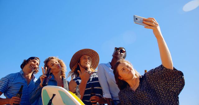 Friends Taking Selfie at Beach under Clear Blue Sky - Download Free Stock Images Pikwizard.com