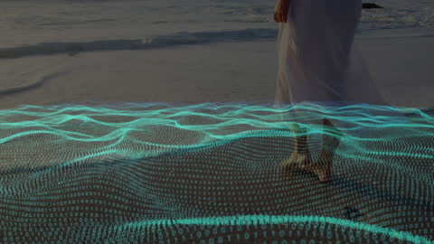 Digital Waves Fusion with Serene Beach Walk