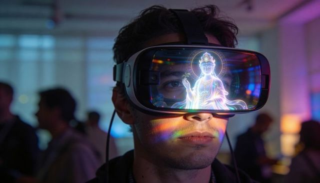 Young man wearing vr headset reflecting holographic deity in neon tech expo