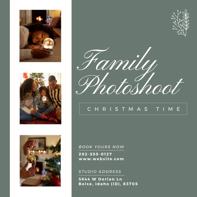 Promotional design displaying family enjoying a holiday photoshoot. Images show African American family smiling, holding ornaments, and enjoying quality time. Ideal for businesses advertising photoshoot sessions, holiday promotions, and custom family portrait services. Can be used on social media, websites, and print materials.