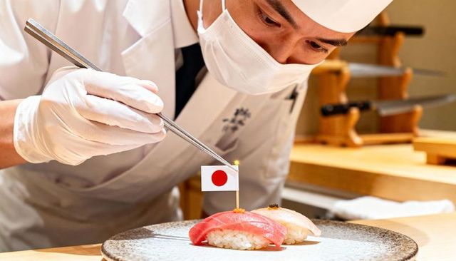 Sushi chef plating nigiri with tweezers and japanese flag pin, precision craftsmanship