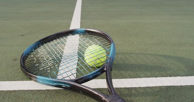 Tennis racket and ball resting on a tennis court, perfect for illustrating subjects related to outdoor sports, recreational activities, and tennis equipment. This image can be used for promoting tennis tournaments, showcasing sports equipment, or adding dynamic visual interest to sports-related presentations.