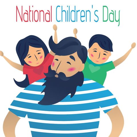 Illustration depicts a joyful depiction of National Children's Day, portraying a father joyfully carrying his children. Vibrant colors emphasize celebration and family unity, suitable for promotional material for children's festivals, parenting articles, or educational resources focused on family events.