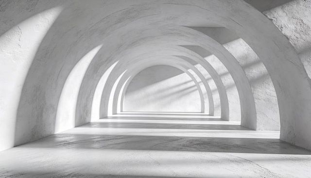 Sunlit White Vaulted Corridor with Repeating Semicircular Arches and Strong Shadows