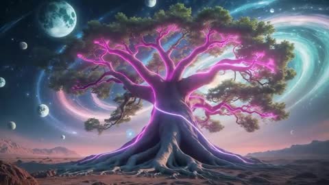 Luminous Cosmic Tree with Enchanting Nebula Sky