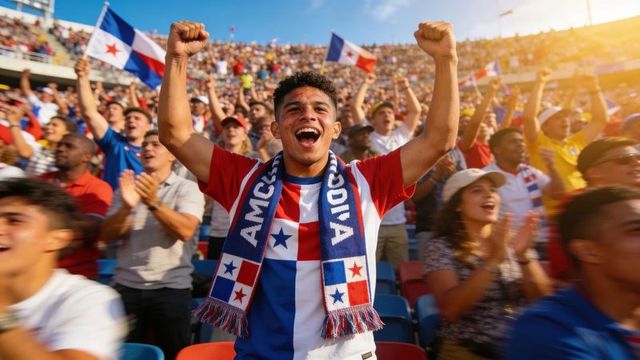 Panama football fans cheering with raised arms and flags in bright sunny stadium crowd