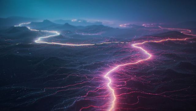 Vibrant Neon Pathway Over Twilight Landscapes