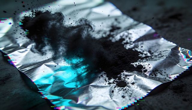 Crumpled aluminum foil emitting black powder plume with cyan glitch