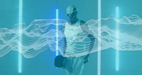 Futuristic Skater in Neon Light Studio with Digital Waveforms