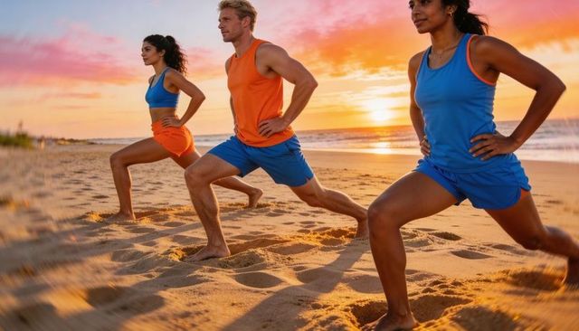 Sunset beach group workout performing synchronized lunges on sandy shoreline in vibrant activewear