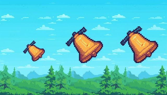 Floating pixel-art golden bells drifting above retro forest hills vintage arcade sprite icon