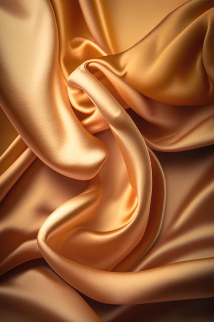 Golden silk fabric draped in luxurious folds is perfect for backgrounds, design elements in fashion projects, luxury branding themes, or high-end advertising campaigns illustrating elegance and high-quality textile material.