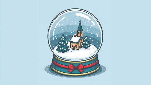 Snow globe featuring miniature church steeple and snowy pine trees, festive ribbon bow