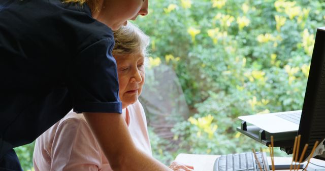 Nurse Assisting Elderly Woman Using Computer - Download Free Stock Images Pikwizard.com