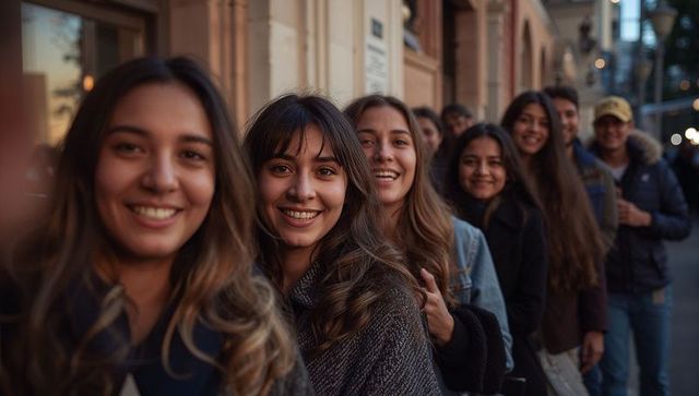 Smiling friends lining up on city sidewalk, woman with bangs at front under evening lights