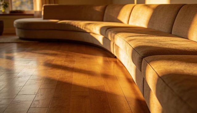 Curved beige sectional sofa bathing in golden sunlight on polished hardwood floor