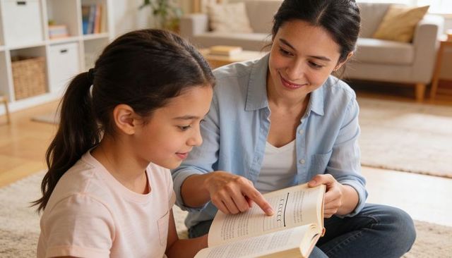 Mother and daughter reading together on living room rug, woman pointing at open book
