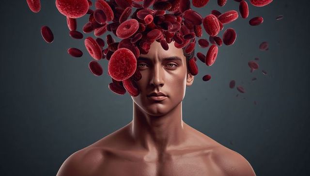 Ai-generated guy and blood cells swimming around mimicking an art form