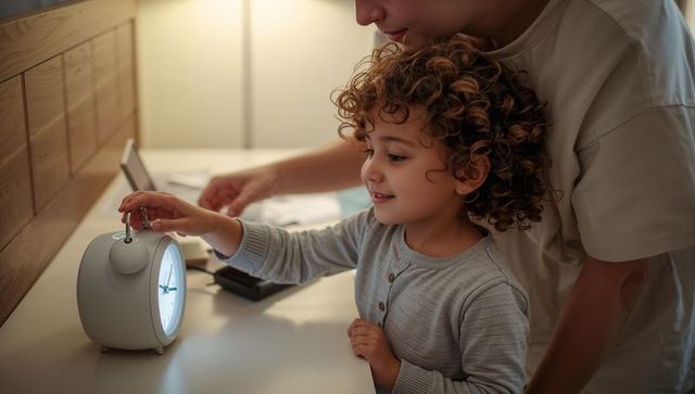Curly-haired child winding bedside alarm clock, parent guiding at cozy nightstand