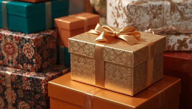 Ornate gold gift box with satin ribbon sitting on elegant wrapped presents for holiday decor