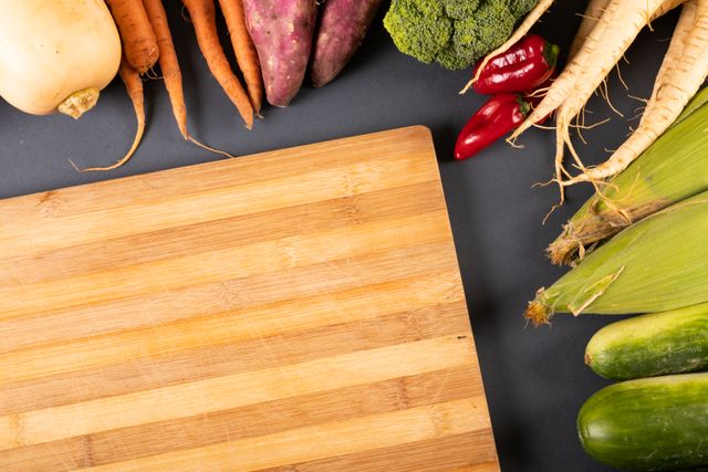 Directly above view of wooden cutting board by various fresh vegetables. unaltered, organic food and healthy eating concept.