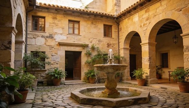 Sunlit medieval stone courtyard with flowing fountain, rustic arches, terracotta pots