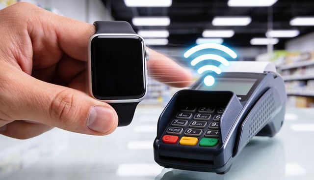 Holding smartwatch near nfc terminal paying contactless wearable payment at retail checkout