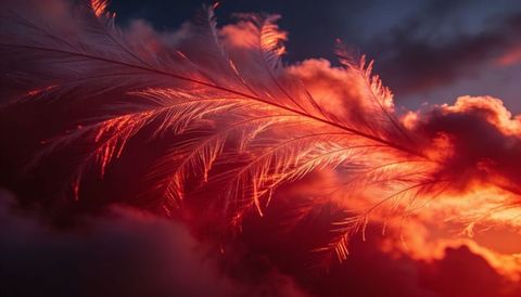 Glowing crimson feather drifting through backlit clouds, ethereal plume illuminating sky