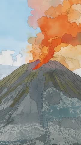 Vertical footage of erupting volcano spewing orange ash plume and flowing lava from crater