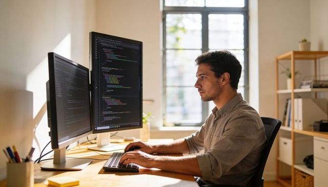 Focused programmer typing code on dual monitors in sunlit minimalist home office
