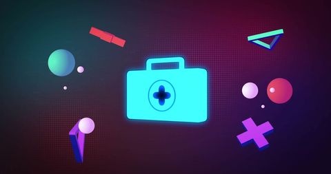 Glowing first aid icon with abstract shapes on dark background