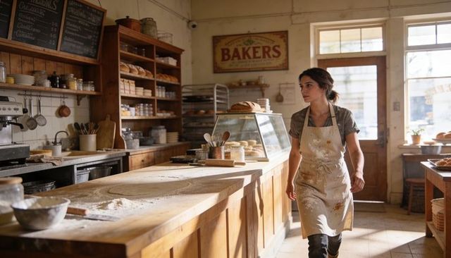 Artisanal baker preparing fresh bread in sunlit rustic bakery interior