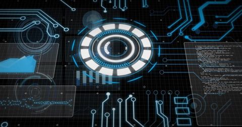 Futuristic digital dashboard displaying circular hud analytics, neon circuitry and code panel