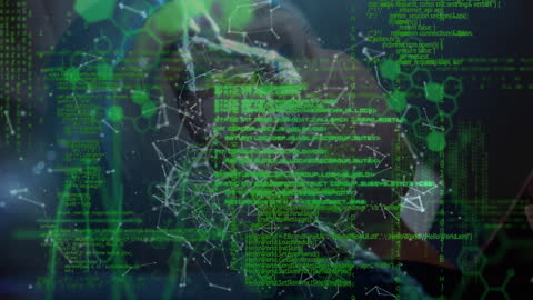 Spinning DNA Strand with Data Overlay Representing Digital Technology