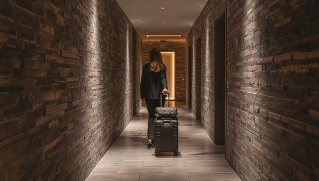 Solo traveler walking down modern hotel corridor pulling wheeled suitcase and small bag