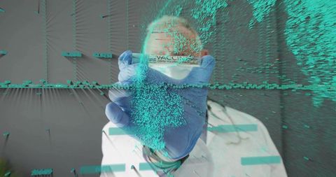 Doctor holding covid-19 vaccine vial with teal digital data overlay, gloved hand close-up