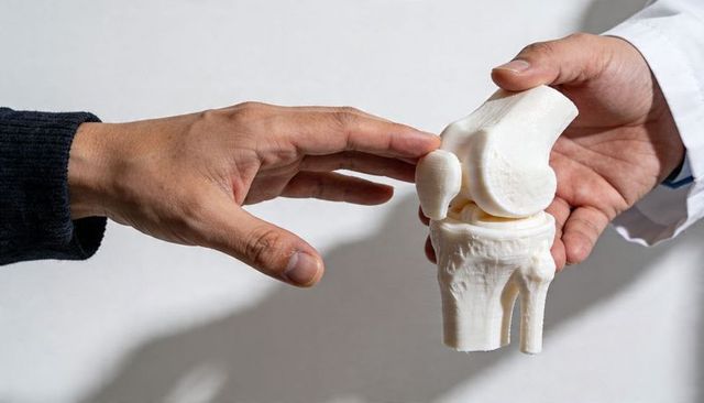 Doctor and patient examining 3d-printed knee joint model for orthopedic consultation guide