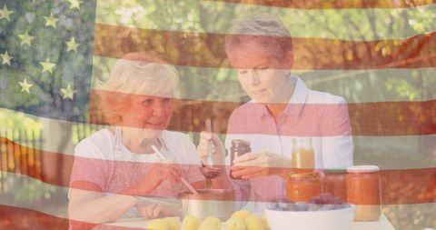 Senior Women Enjoying Outdoor Meal with USA Flag Overlay - Download Free Stock Images Pikwizard.com