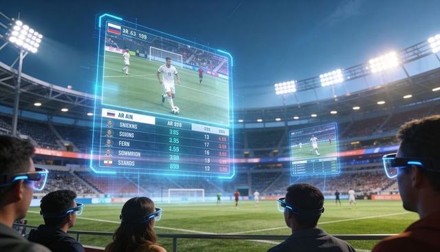 Fans watching ar overlays with smart glasses tracking soccer striker dribbling toward goal