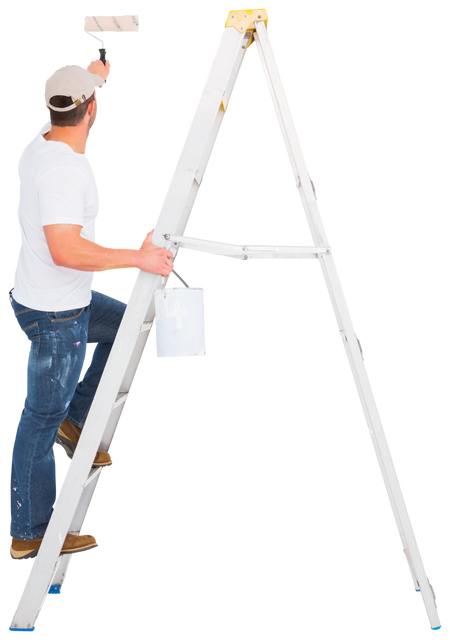 Handyman Climbing Ladder Using Paint Roller and Bucket in Transparent Background - Download Free Stock Videos Pikwizard.com