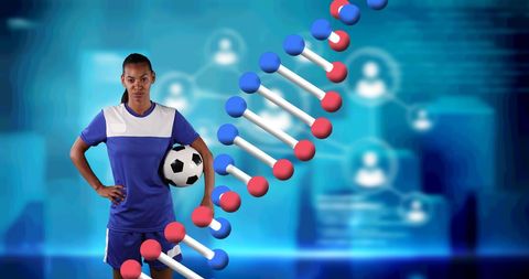Female soccer player with digital dna technology background