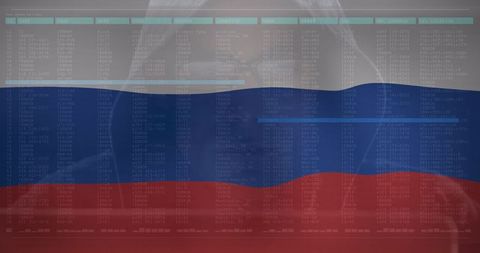 Cyber warfare concept with russia flag overlay against data screens