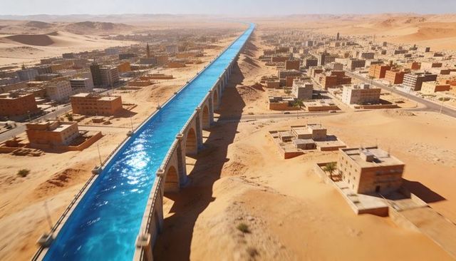 Turquoise aqueduct carrying water across arid city on arched piers, desert skyline