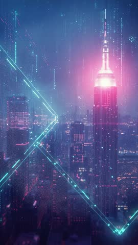 Skyscraper emitting pink neon beams across cyberpunk cityscape in vertical neon rain video