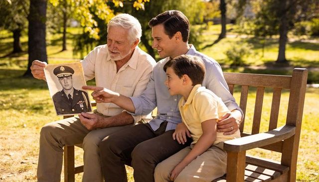 Three generations sharing veteran portrait on park bench, pointing and reminiscing